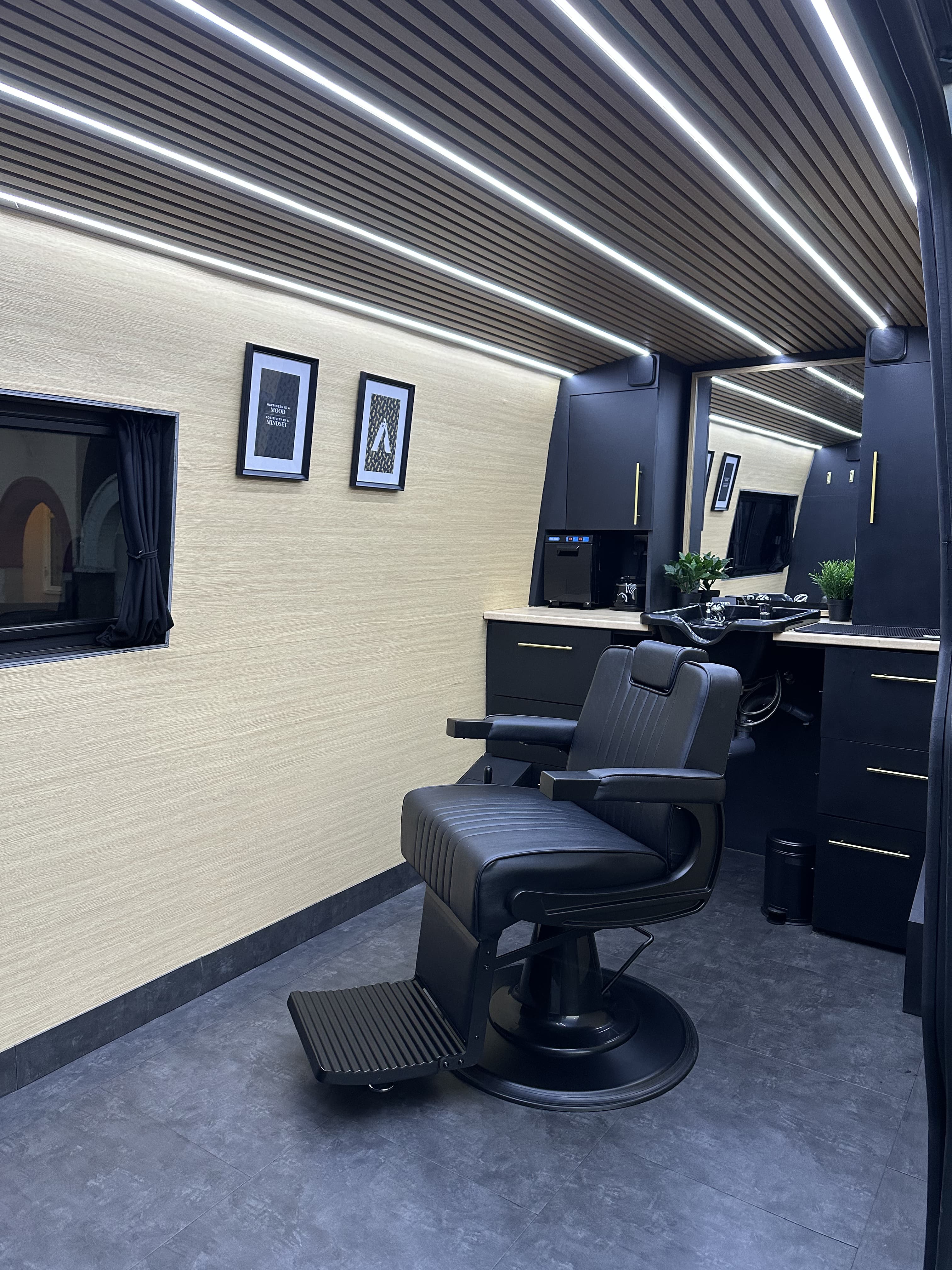 Inside the fitted Nova Fades mobile barber van