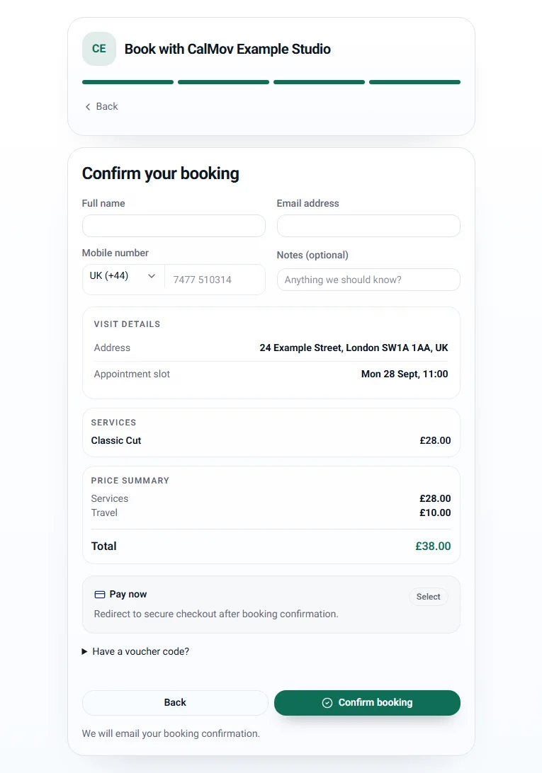 CalMov barber demo booking summary with the service price and travel charge shown separately
