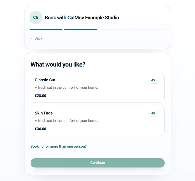 CalMov barber demo showing service names, durations and prices