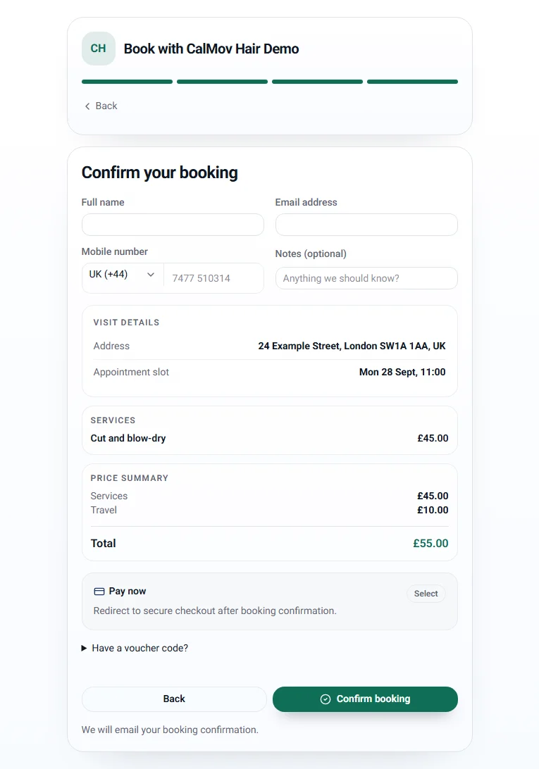 CalMov hairdresser demo booking summary with the service price and travel charge shown separately