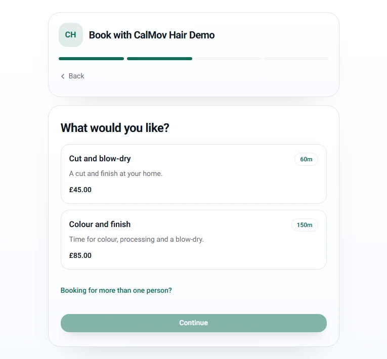 CalMov hairdresser demo showing service names, durations and prices