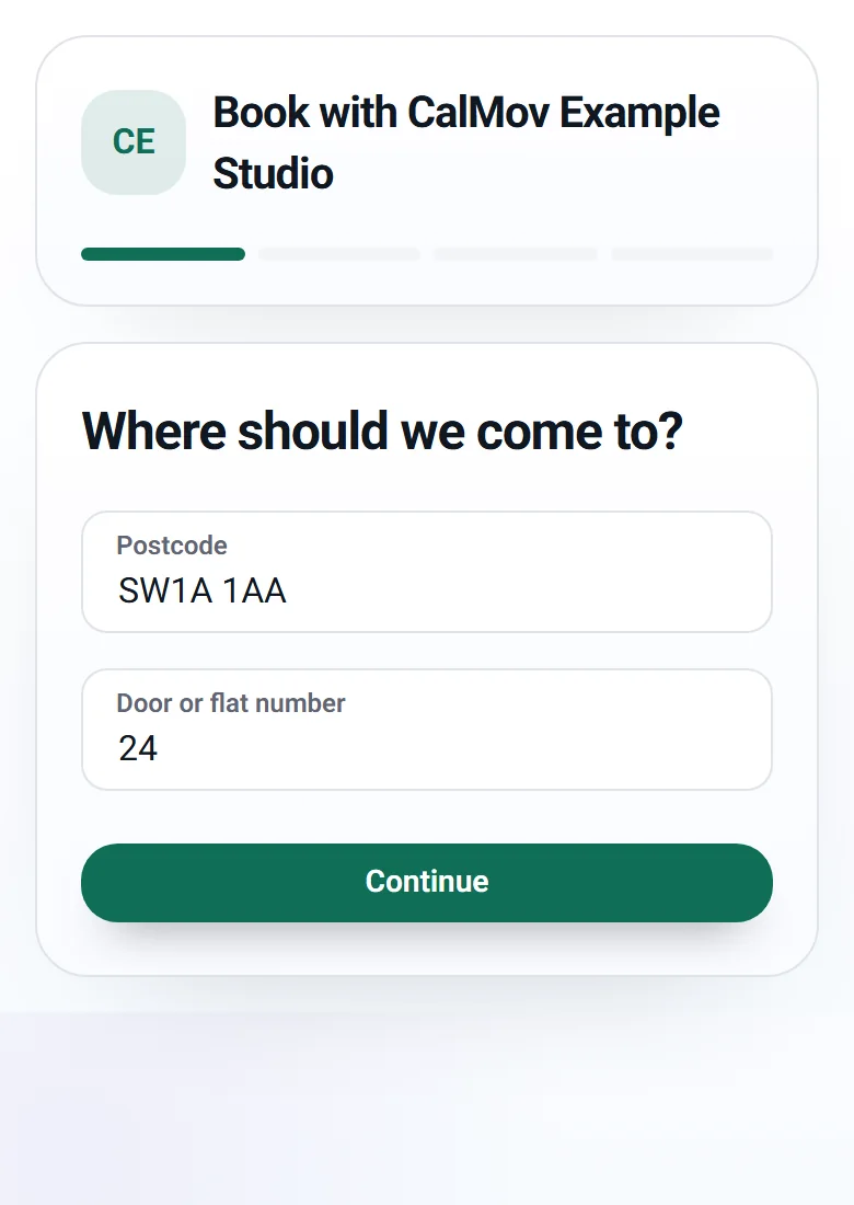 A CalMov booking page asking for the customer's address before showing any times