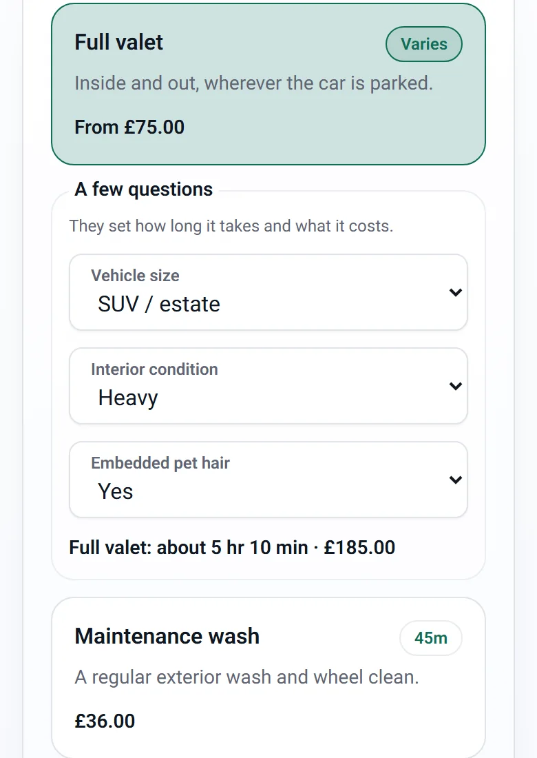 A CalMov booking page where the customer's answers set the time and price