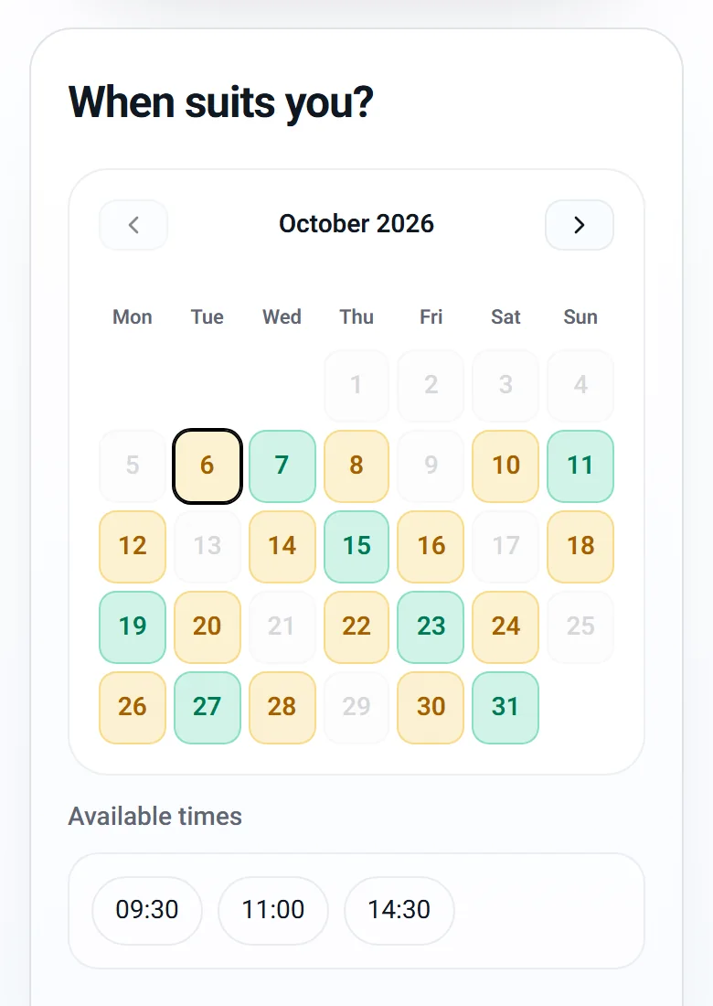 A CalMov booking page showing only the times the business can reach