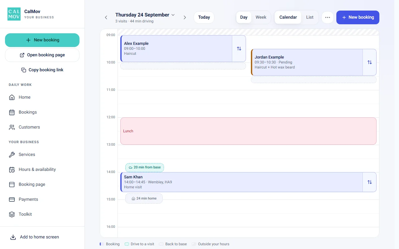 CalMov's day calendar with the drive from base to a home visit and the drive home shown in the day