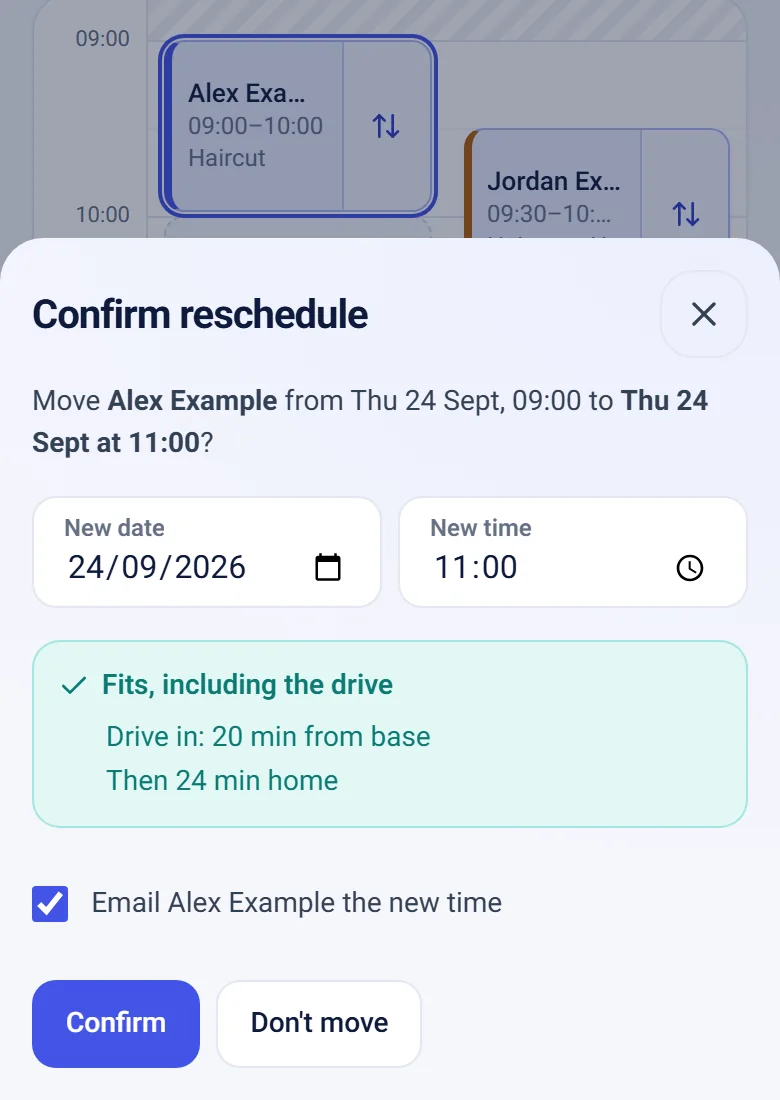 Moving a booking in CalMov: the check says whether the new time fits, including the drive