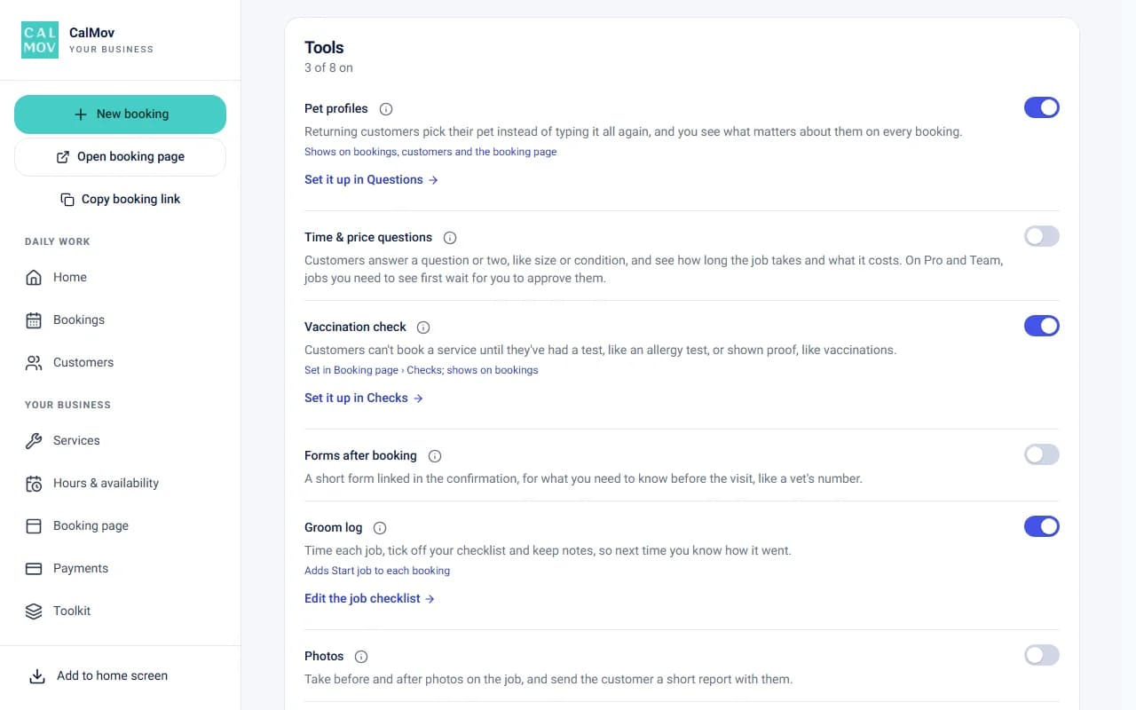 The Toolkit in CalMov, where each tool is switched on or off